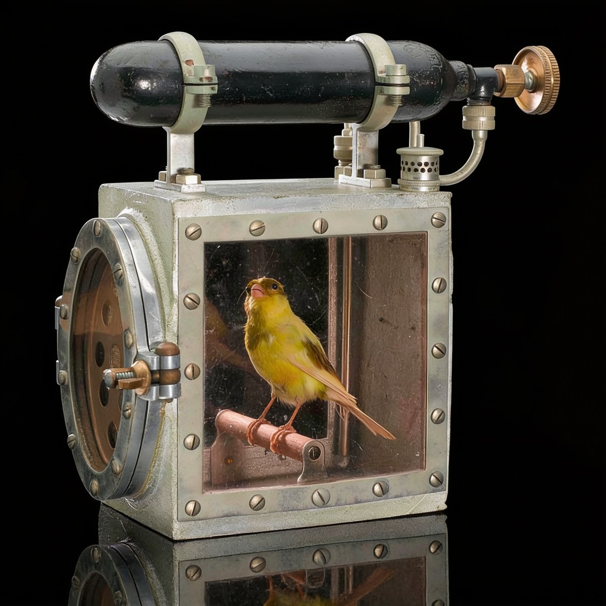 A miner's canary resuscitation cage with oxygen revival apparatus